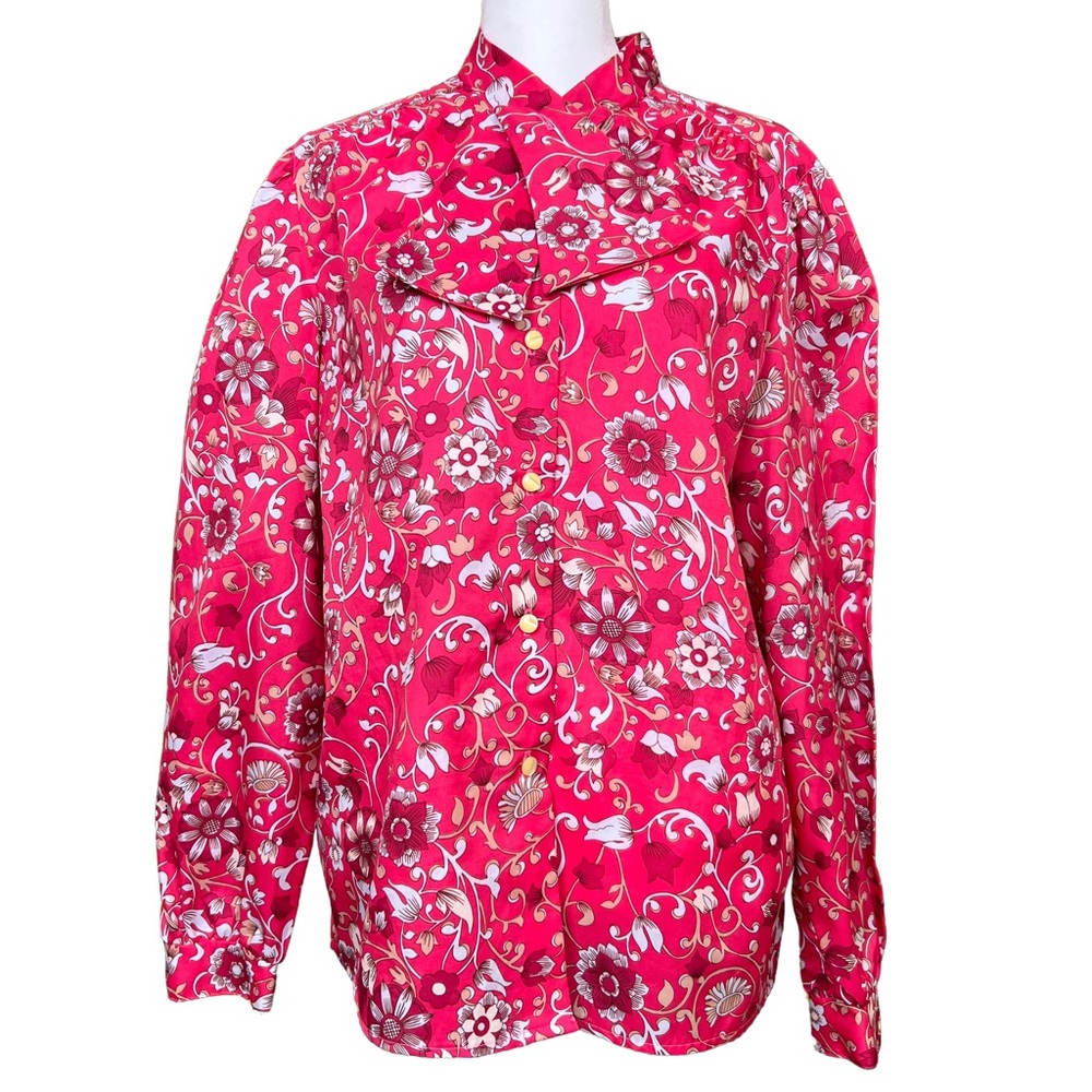 Vintage 60s Pink Floral Button Up Long Sleeve Dress Shirt with Neck Tie Size 14